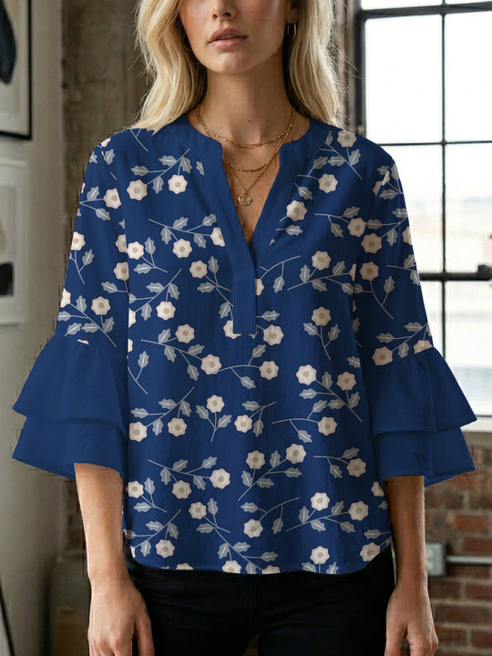 Damen Bluse mit voluminösen Ärmeln und floralem Design R&B