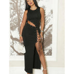 Damen Maxikleid mit asymmetrischem Saum und raffinierter Schnürung R&B