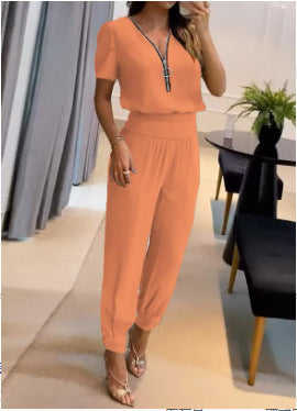 Damen Jumpsuit mit V-Ausschnitt und Gummizug R&B