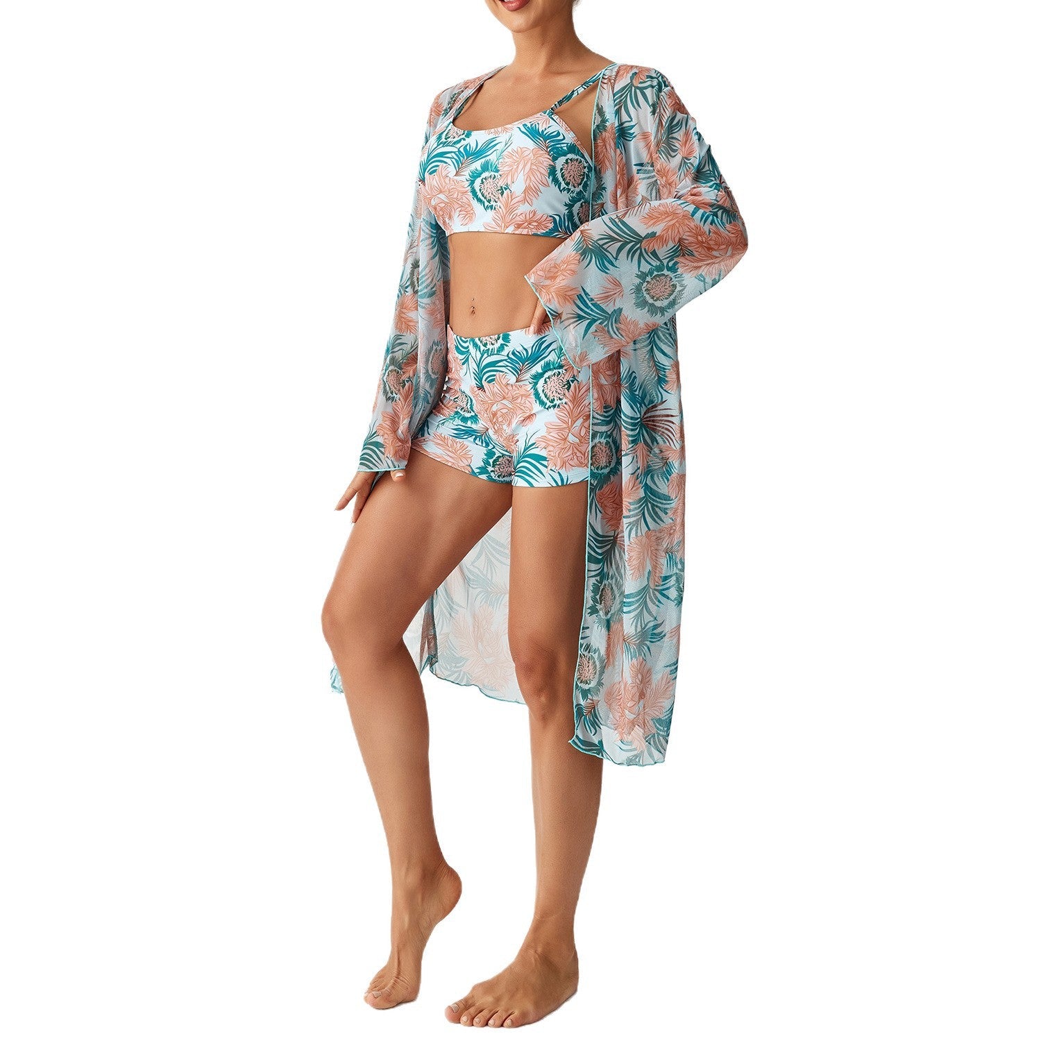 Damen Badeanzug Set mit floralem Oberteil und transparentem Strandüberwurf R&B