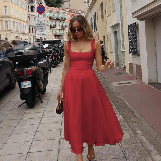 Damen Elegantes Maxikleid mit quadratischem Ausschnitt und fließendem Rock R&B