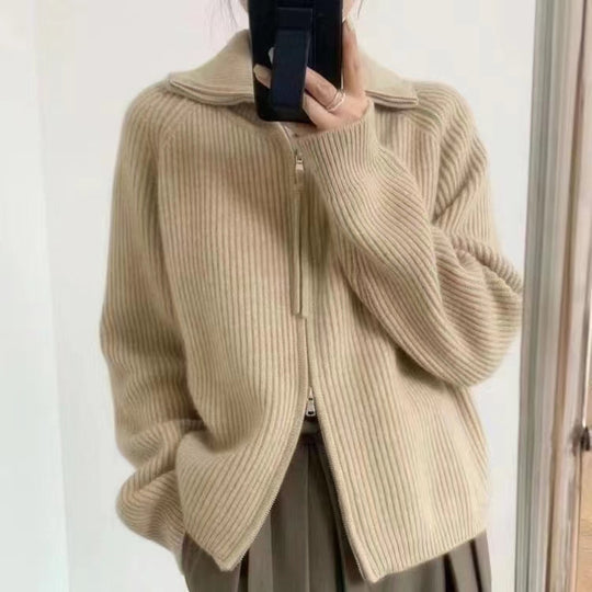 Damen Strickjacke mit hohem Kragen und durchgehendem Reißverschluss R&B