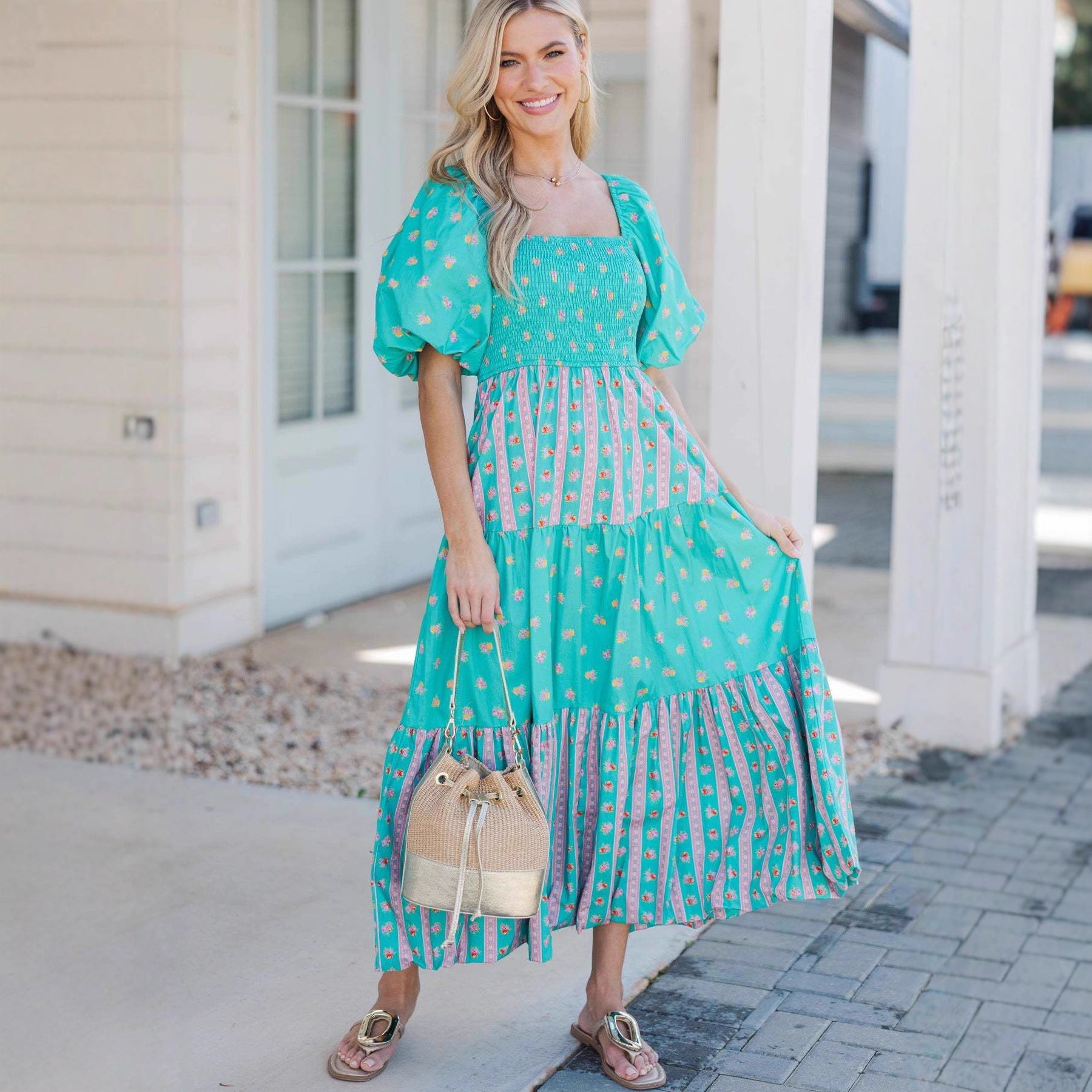 Damen Maxikleid mit gerafftem Oberteil und voluminösen Puffärmeln R&B