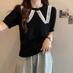 Damen Elegantes Strickoberteil mit dekorativem Rüschensaum und atmungsaktivem Design