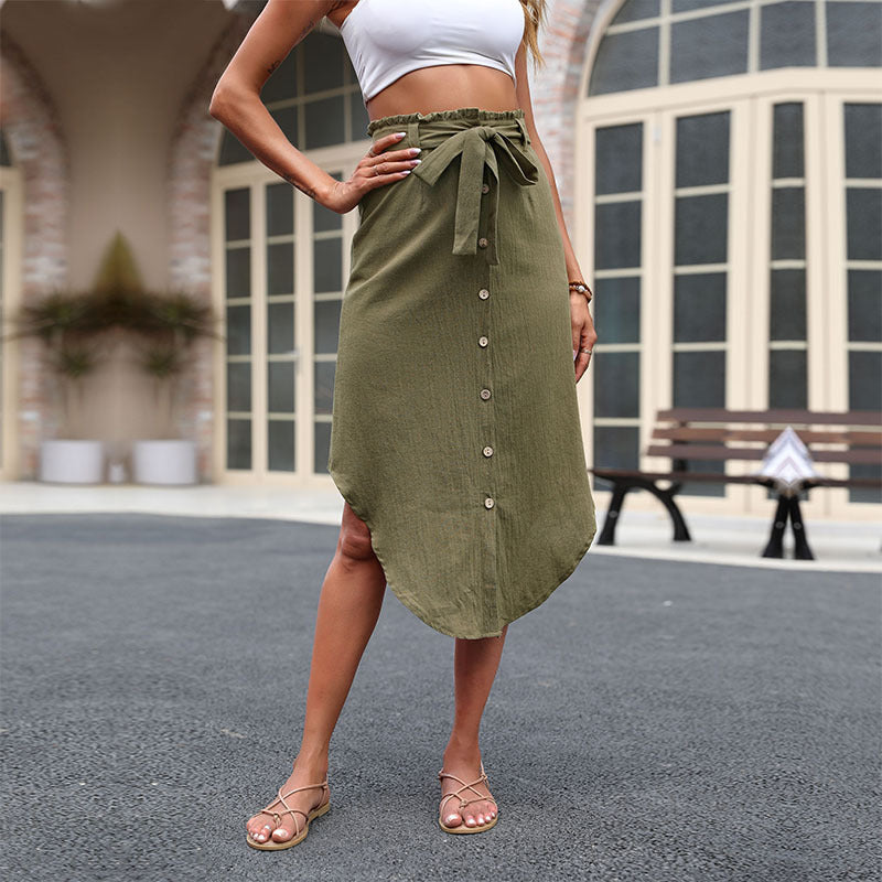 Damen Midi Rock mit dekorativem Bindegürtel und Knopfdetails R&B
