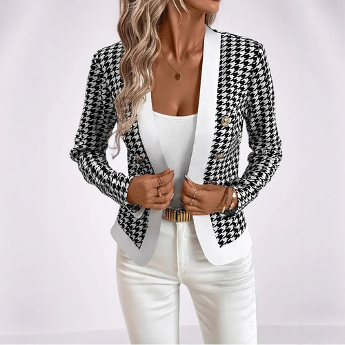 Damen Moderne Blazerjacke mit Hahnentrittmuster und eleganten Knöpfen R&B