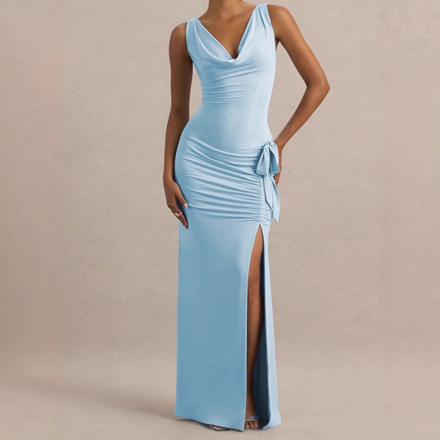 Damen Elegantes Abendkleid mit tiefem V-Ausschnitt und seitlichen Rüschendetails R&B