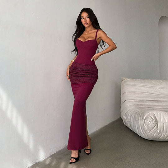 Damen elegantes Maxikleid mit gerafftem Oberteil und herzförmigem Ausschnitt R&B