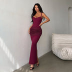 Damen elegantes Maxikleid mit gerafftem Oberteil und herzförmigem Ausschnitt R&B
