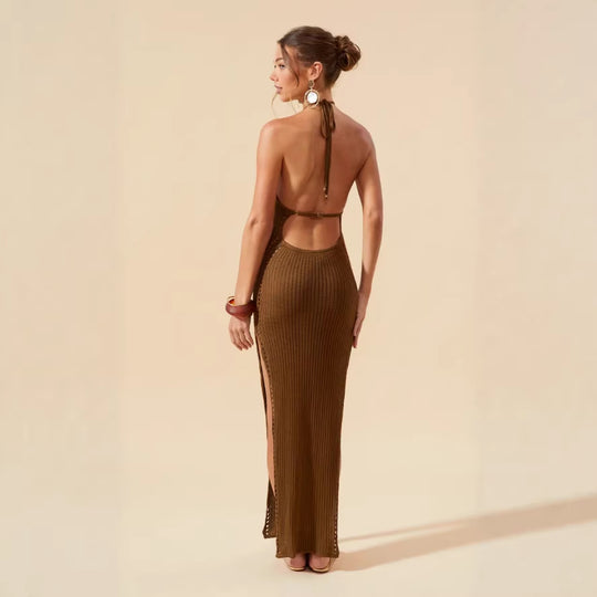 Damen figurbetontes Strickkleid mit tiefem V-Ausschnitt R&B