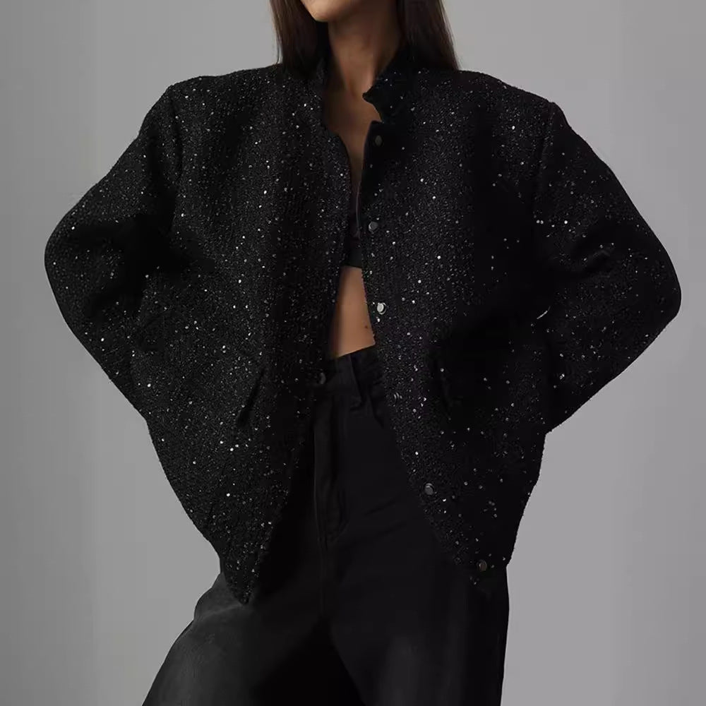 Damen Glamouröse Glitzerjacke mit oversized Schnitt und modischen Taschen R&B