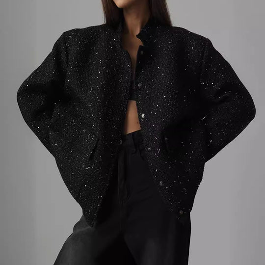 Damen Glamouröse Glitzerjacke mit oversized Schnitt und modischen Taschen R&B