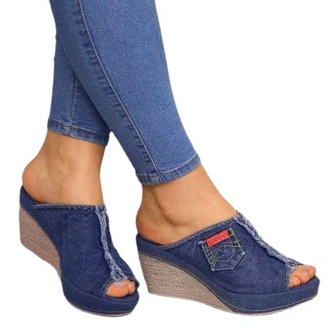 Damen Wedge-Pantoletten mit modischem Denim-Design und komfortabler Fussbettung R&B