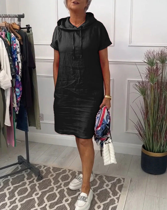 Damen nan lässiges Kapuzen-Midikleid mit kurzen Ärmeln und geradem Relax‑Schnitt R&B