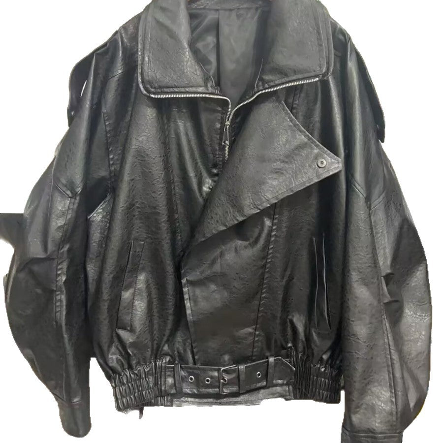 Damen modische Kunstlederjacke mit asymmetrischem Schnitt und dekorativem Gürtel R&B