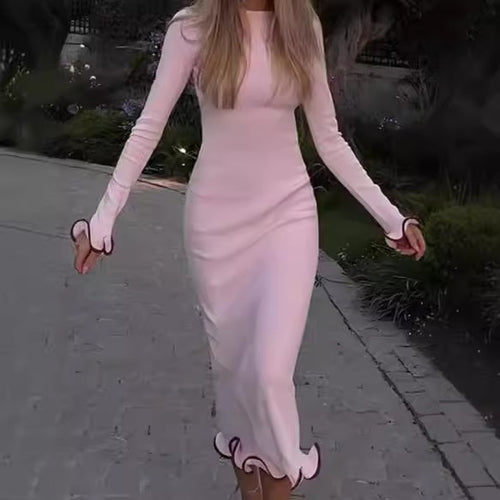 Damen Elegantes Langarm-Midikleid mit verspieltem Saum R&B