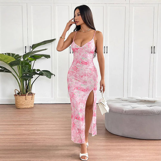 Damen elegantes Maxikleid mit floralem Muster und seitlichem Schlitz R&B