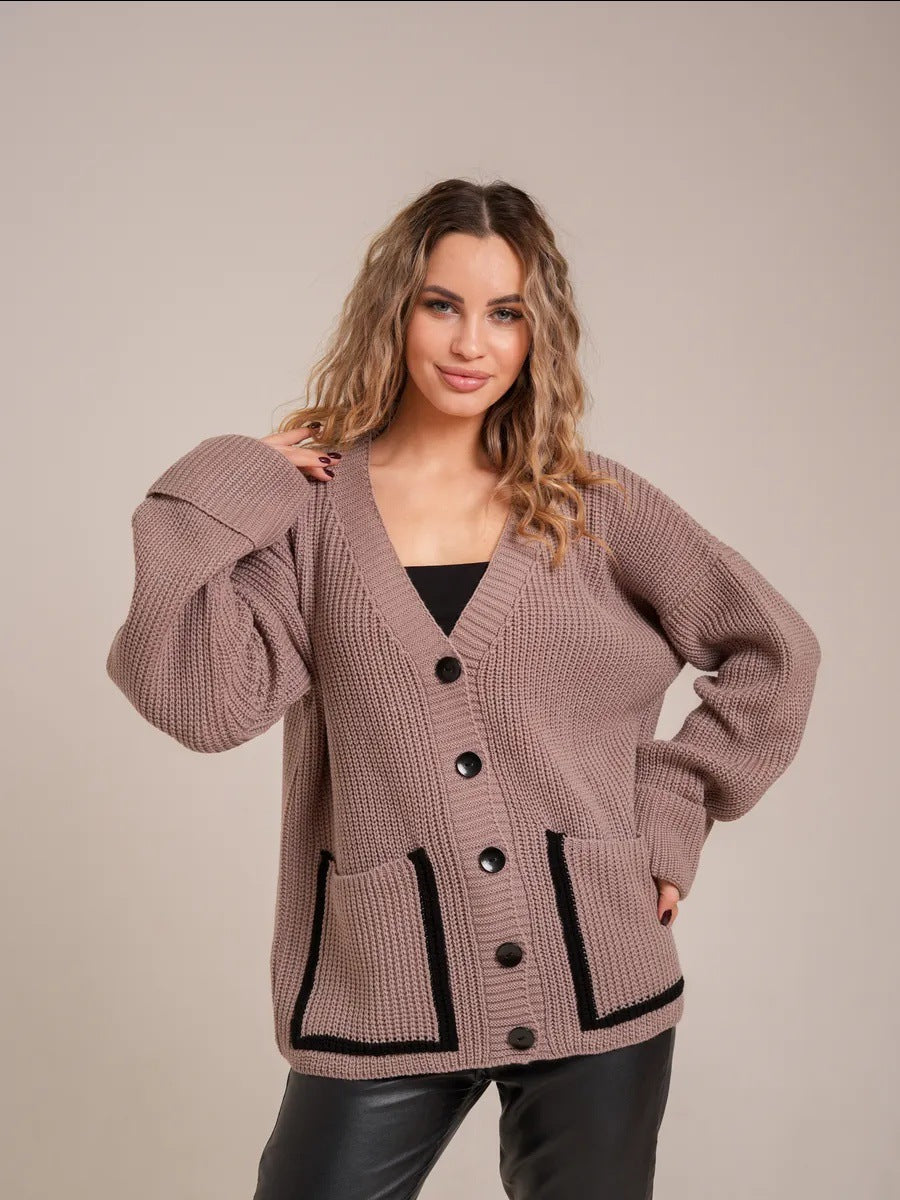 Damen Lässiger Strickcardigan mit breiten Ärmeln und kontrastierenden Taschen