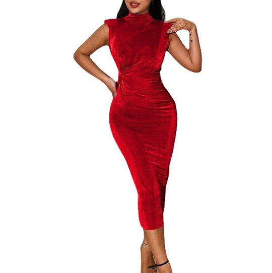 Damen figurbetontes Midi-Kleid mit elegantem Stehkragen R&B
