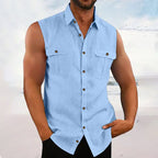 Herren ärmelloses Chambray-Hemd mit Brusttaschen und Knopfdetails R&B