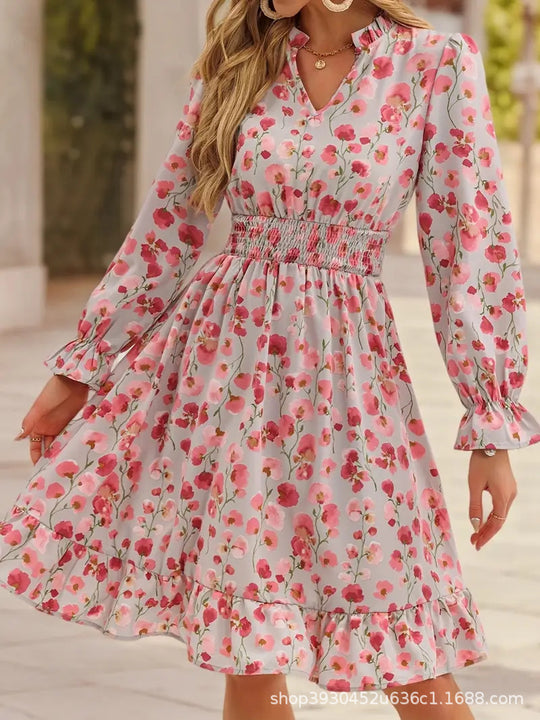 Damen Blütenmuster Mini-Kleid mit voluminösen Ärmel und elastischem Taillenbund R&B