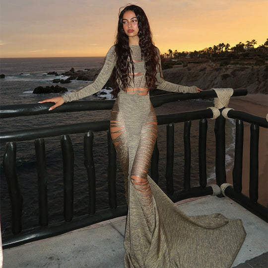 Damen Elegantes und sexy Maxikleid mit transparenten Einsätzen R&B