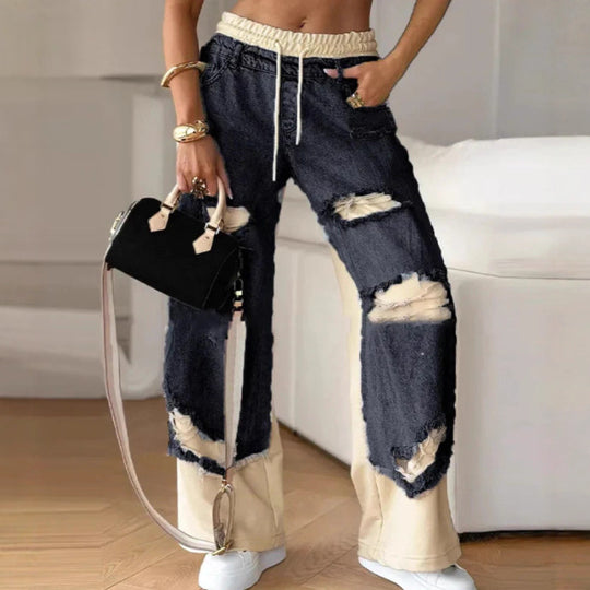 Damen nan zweilagige Jeans mit aufgesetzten Jeanspaneelen elastischem Tunnelzugbund weitem Bein und vintageähnlichen Rissen R&B