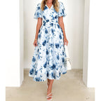 Damen Maxi-Kleid im lässigen Wickelstil mit voluminösen Ärmeln und Taillengürtel R&B