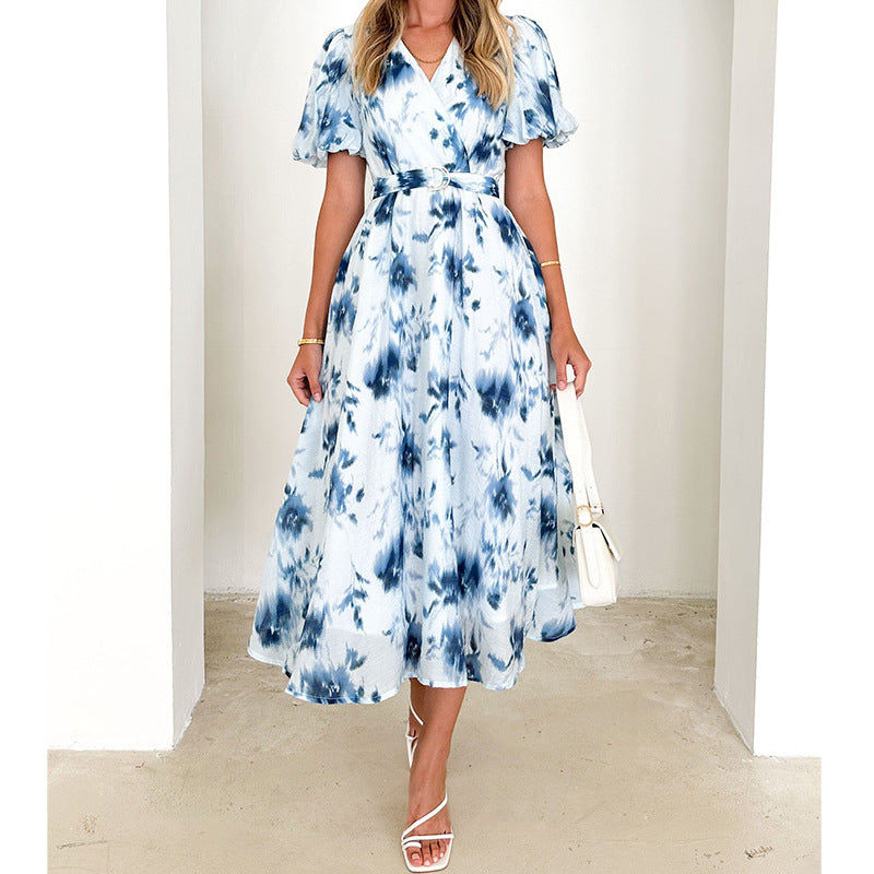 Damen Maxi-Kleid im lässigen Wickelstil mit voluminösen Ärmeln und Taillengürtel R&B