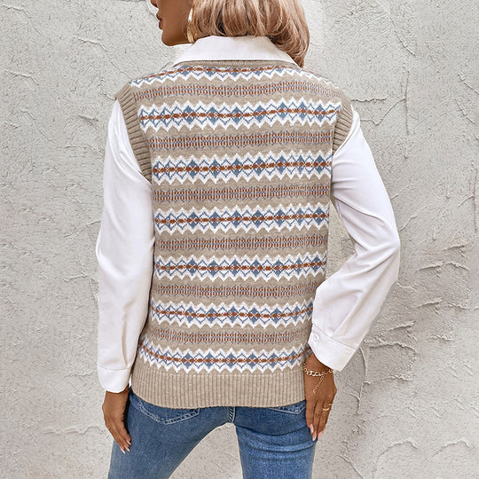 Damen Strickweste mit V-Ausschnitt und modischem Muster R&B