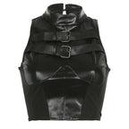 Damen trendiges Kunstledercrop-Top mit verstellbaren Schnallen R&B