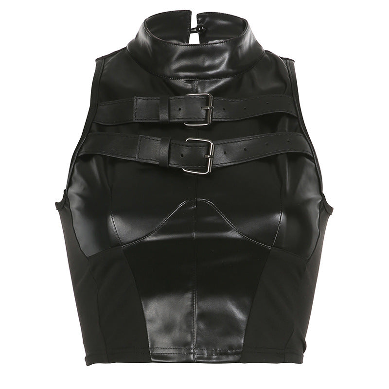 Damen trendiges Kunstledercrop-Top mit verstellbaren Schnallen R&B