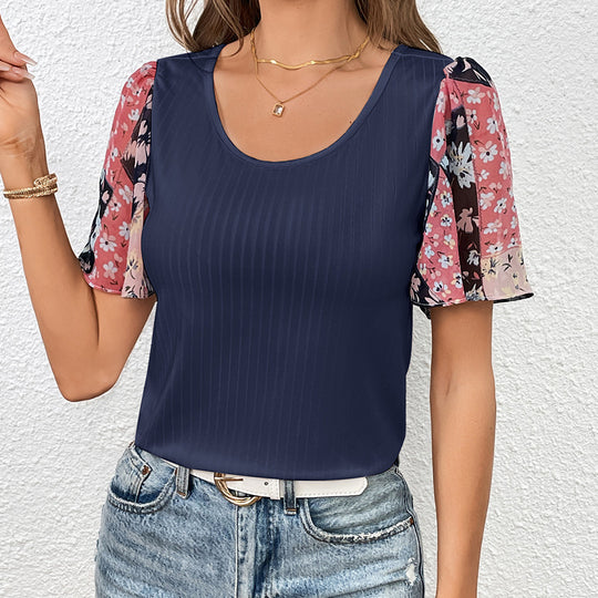 Damen T-Shirt mit eleganten transparenter Blumenärmeln R&B