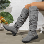 Damen hohe Stiefel mit modischem Rüschen-Design und dekorativem Riemen R&B