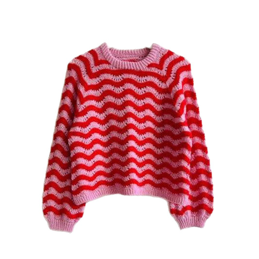 Damen Strickpullover mit wellenförmigem Muster und großzügigem Schnitt R&B
