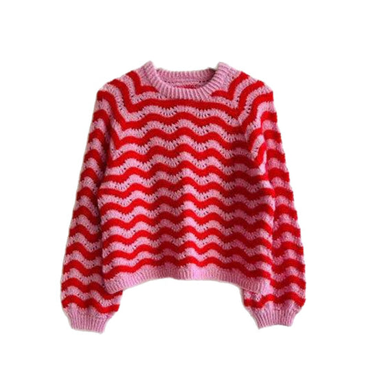 Damen Strickpullover mit wellenförmigem Muster und großzügigem Schnitt R&B