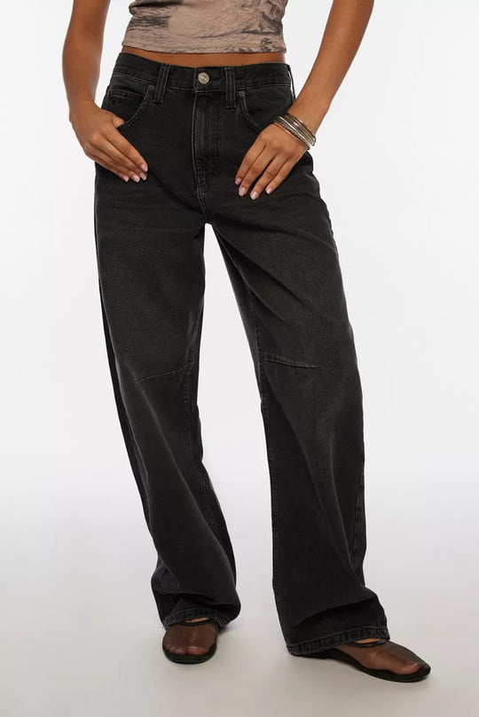 Damen lässige weite Jeans mit hoch geschnittenem Bund und seitlichen Taschen R&B