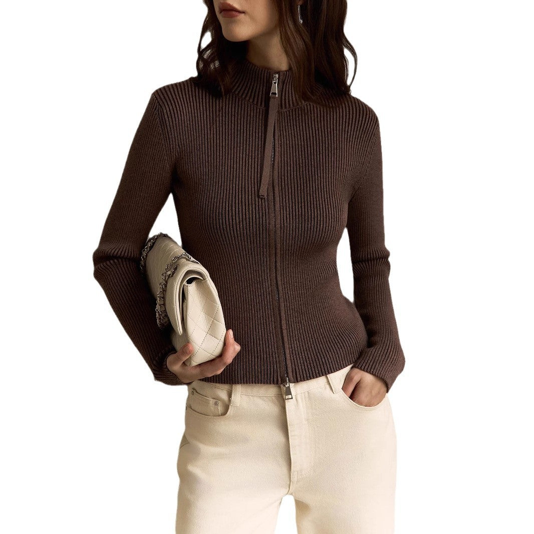 Damen Strickpullover mit hohen Kragen und Reißverschluss R&B