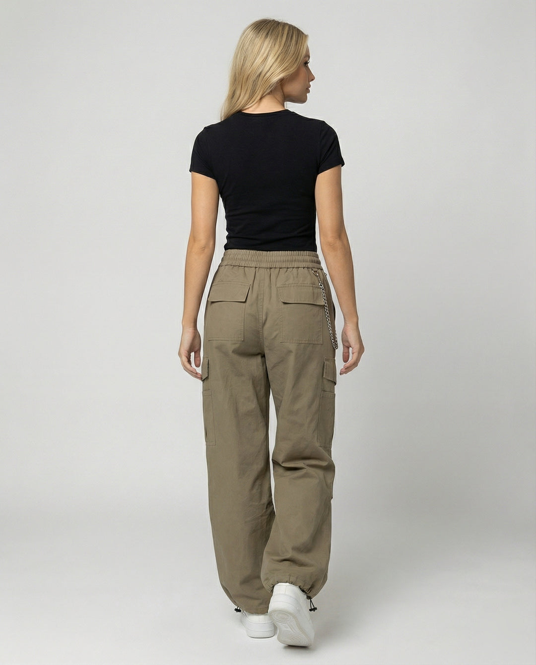 Damen utilitaristische weit geschnittene Cargo-Hose mit hohem Bund Kordelzug und Saumverstellung R&B