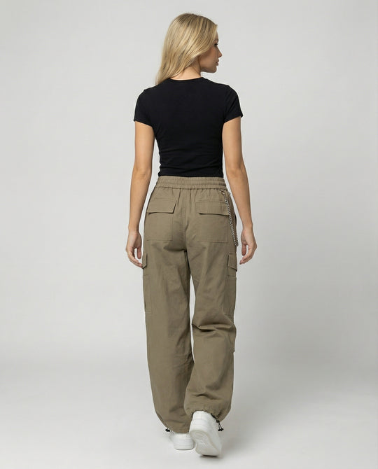Damen utilitaristische weit geschnittene Cargo-Hose mit hohem Bund Kordelzug und Saumverstellung R&B