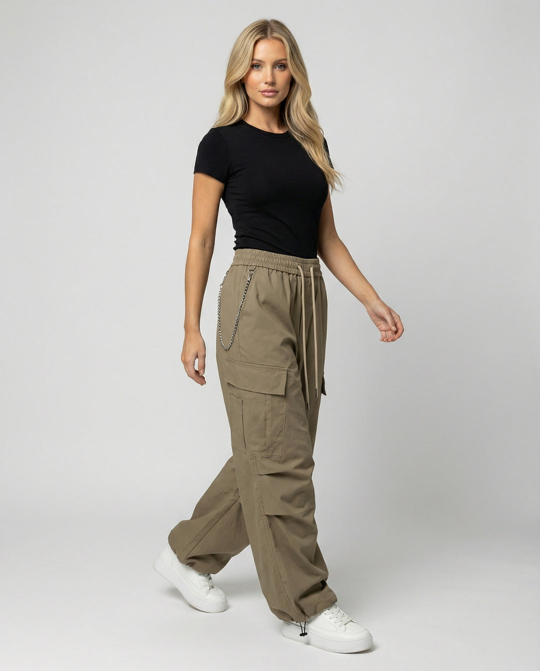Damen utilitaristische weit geschnittene Cargo-Hose mit hohem Bund Kordelzug und Saumverstellung R&B