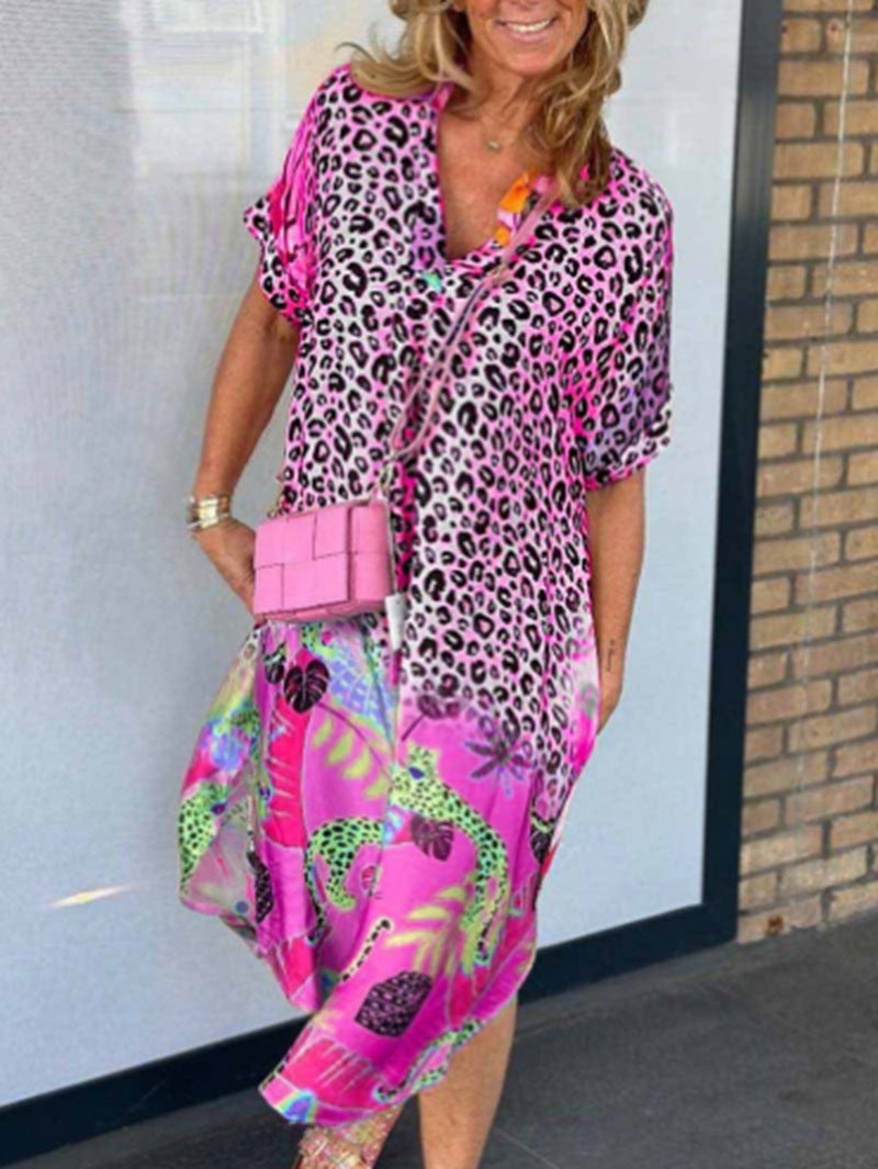 Damen nan locker sitzendes V-Ausschnitt Midikleid mit Leopardenmuster und Tropenmotiv R&B