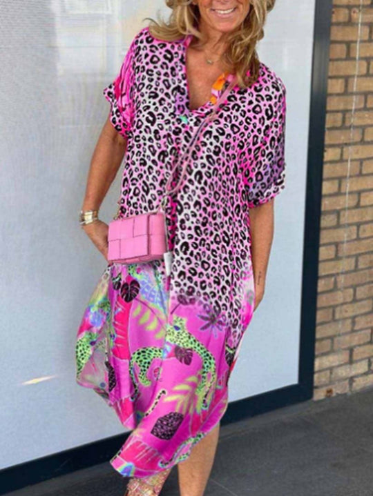 Damen nan locker sitzendes V-Ausschnitt Midikleid mit Leopardenmuster und Tropenmotiv R&B