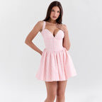 Damen verspieltes Vokuhila Kleid mit Spitzenborte und Karomuster R&B