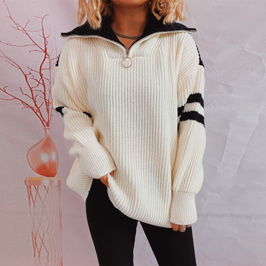 Damen lässiger Pullover im sportlichen Stil mit Stehkragen und Reißverschluss R&B