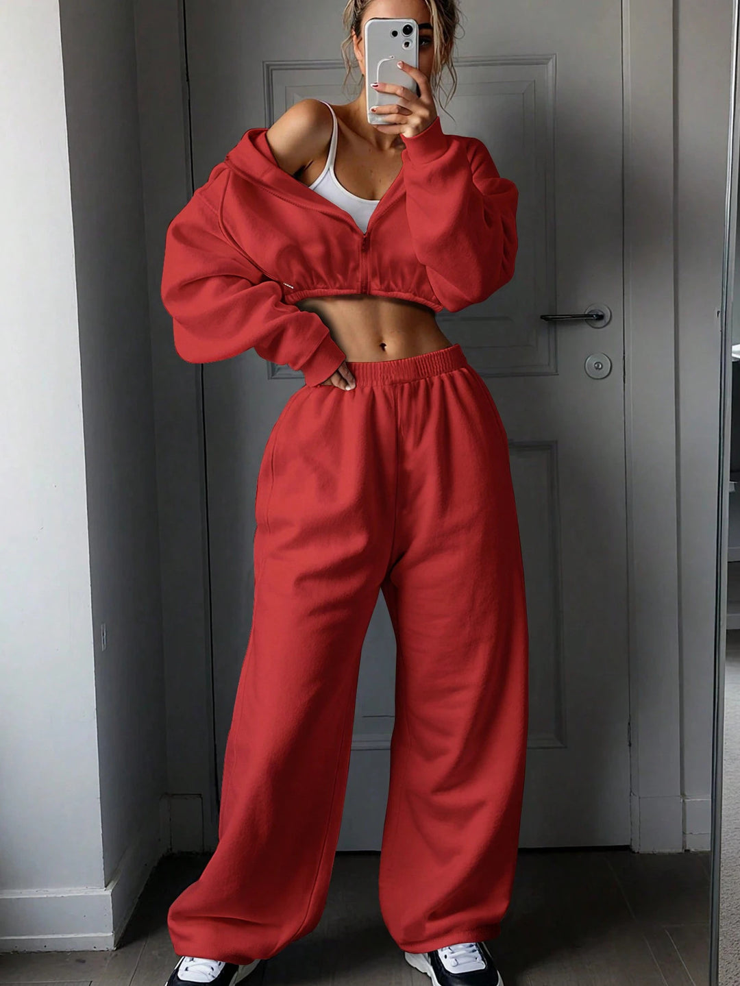Damen Cropped Hoodie und lässige Sweatpants mit elastischem Bund R&B