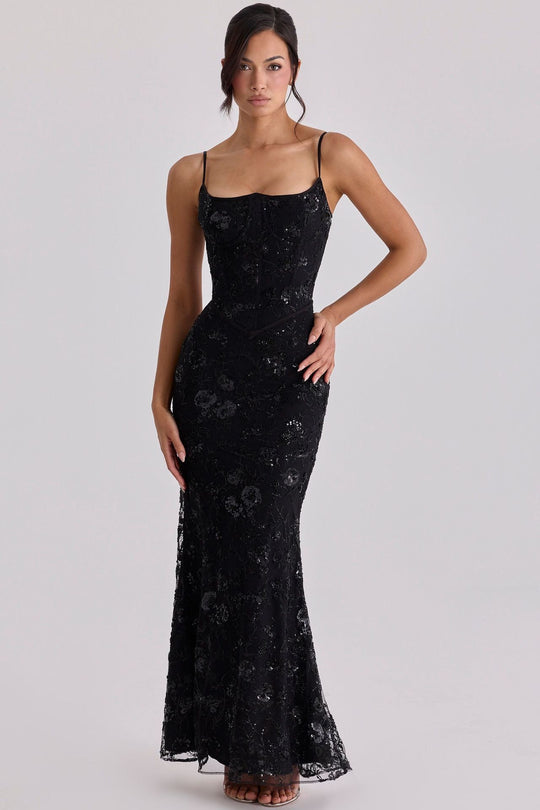 Damen nan besticktes Corsagenabendkleid mit transparenter Spitze und figurbetonter Silhouette R&B