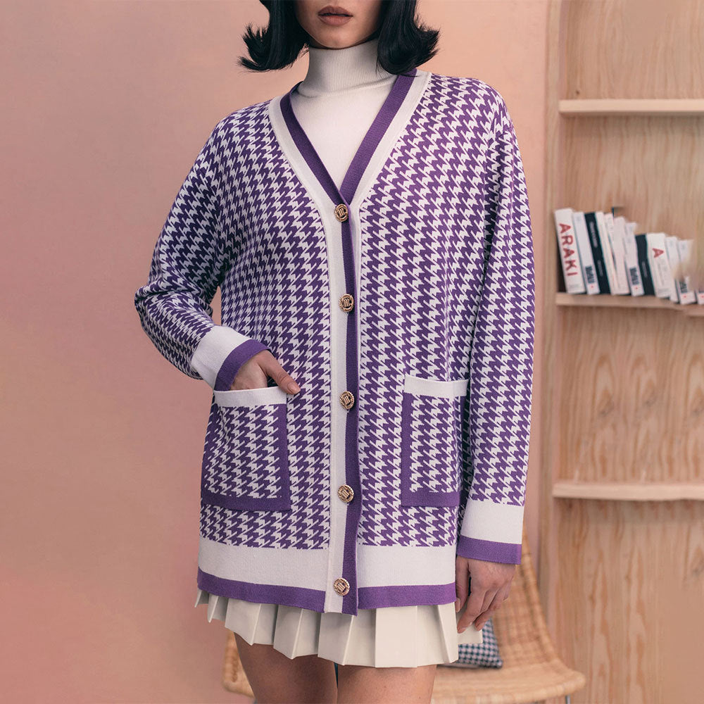 Damen Strickcardigan mit klassischem Hahnentritt-Muster und Knopfleiste R&B