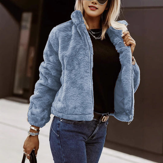 R&B | Weiche Damen Teddy Bomberjacke mit Reißverschluss