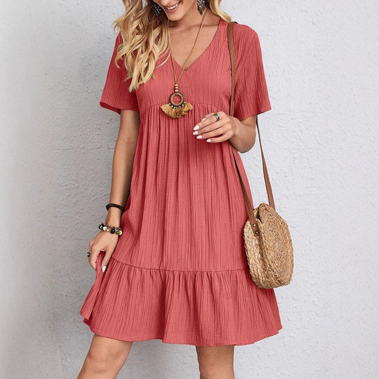 Damen nan Crinkle-Sommerkleid mit V-Ausschnitt, Empirenaht und Volant-Saum R&B
